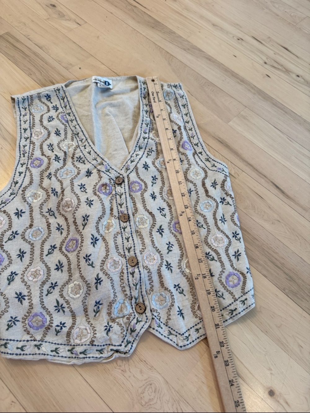Vintage Floral Embroidered Cotton Linen Vest Button Front V-Neck-L-Boho-Read - Picture 5 of 7